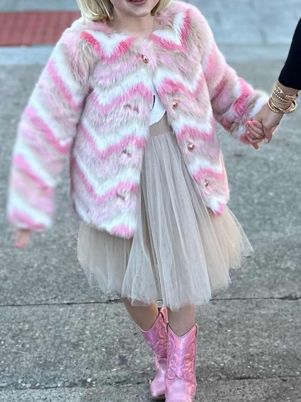 Janie and Jack Chevron Faux Fur Jacket - Pink, White, Tan